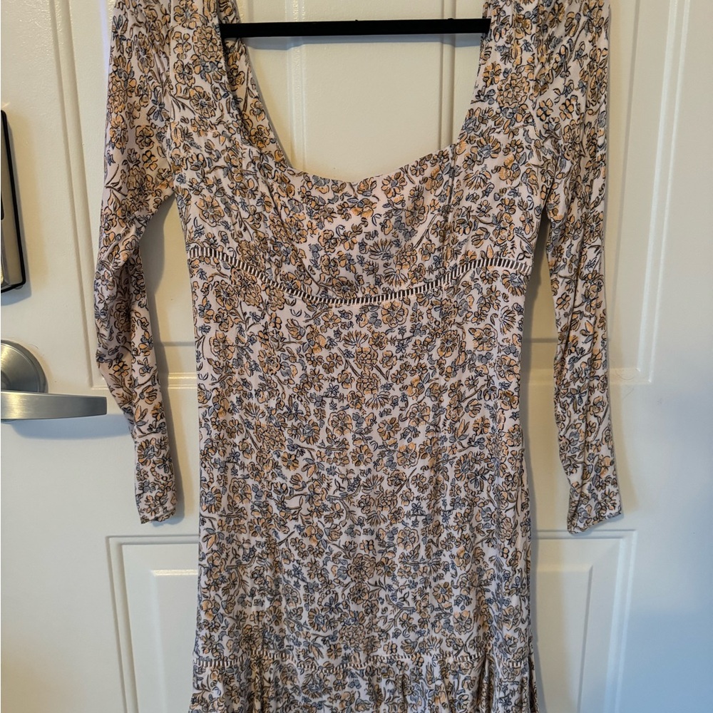 Free People Cream Fit and Flare Dress with Cuffed Long Sleeves